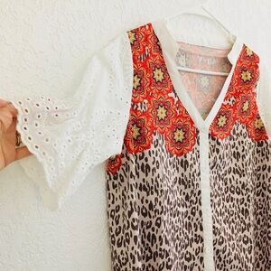 Southwestern Style Funky Animal Print Eyelet Flounce Puff Sleeve Top Size S